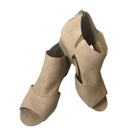 Naturalizer Womens 7.5M Wedge Wood Heel Zip Up Wrap Bootie Beige Nubuck Peep Toe - Picture 2 of 12